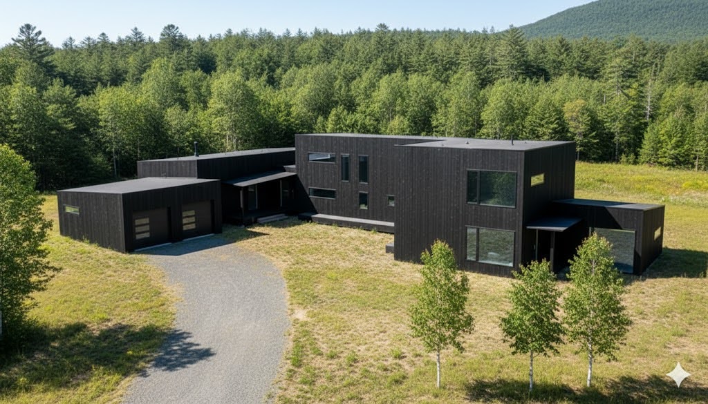 Aerial rendering of the Just Haus Alpha home in a forest clearing